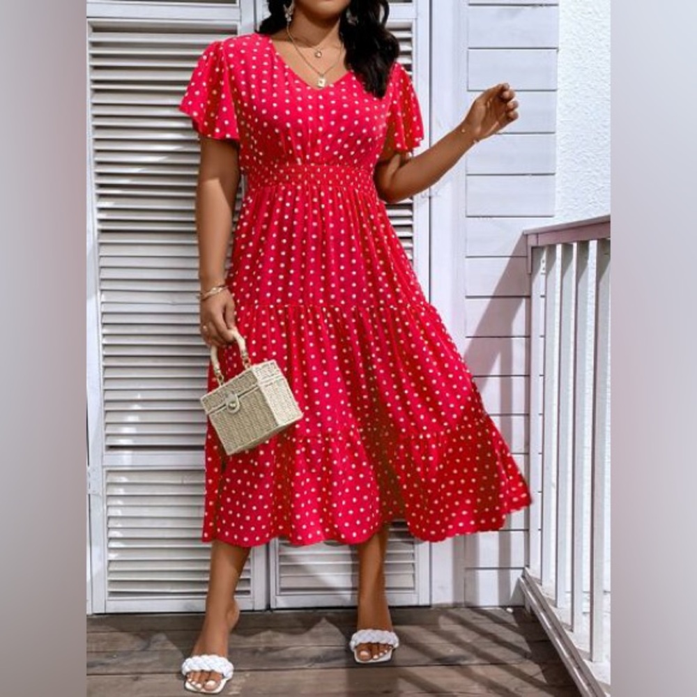 Siren Lily bright red polka dot tiered midi dress